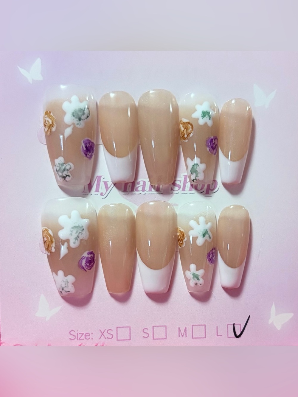 Floral Nude French Tip Press-On Nails - Neutral Flower Accent